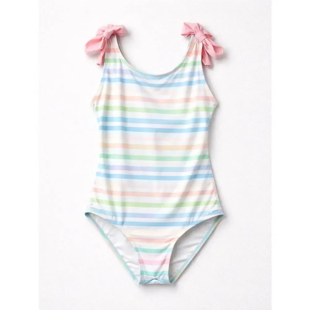 The Beaufort Bonnet Company blue and pink striped one piece swimsuit bows 12 y
